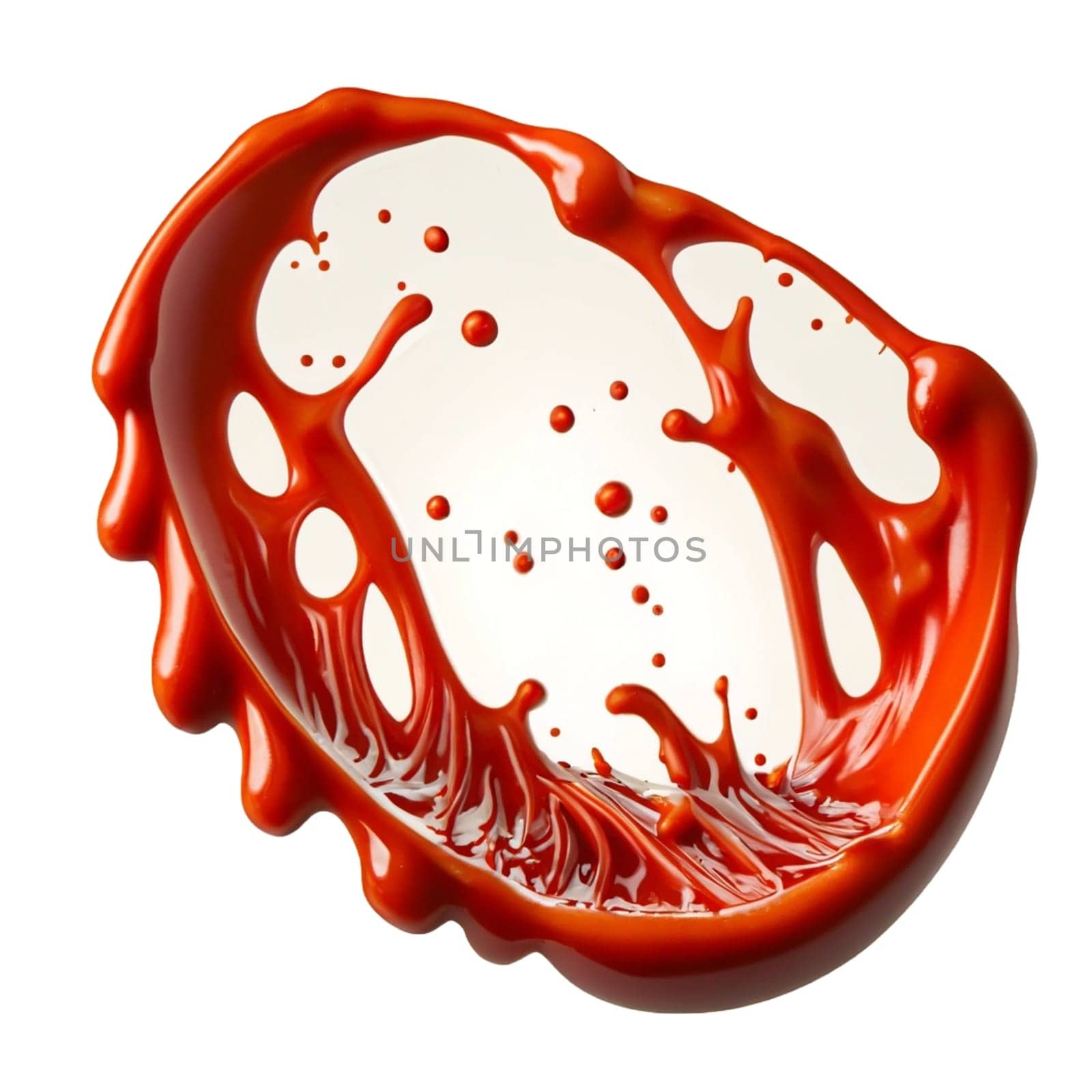 A splash of red thick liquid. 3d illustration, 3d rendering. png image. Red ketchup splashes isolated on white background, tomato pure texture. High quality image