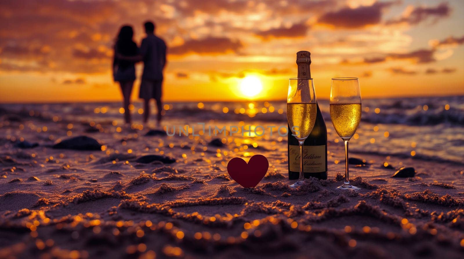 A couple's silhouette against a sunset backdrop with wine and a heart on the beach, symbolizing romance - Generative AI