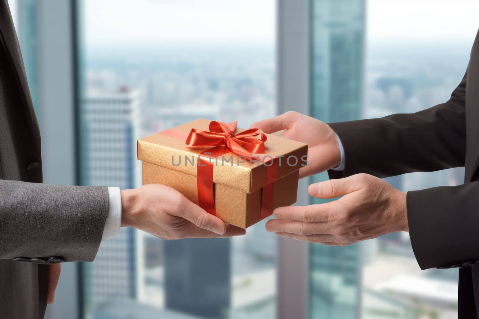Close-up view of hands Giving a business gift in an office.