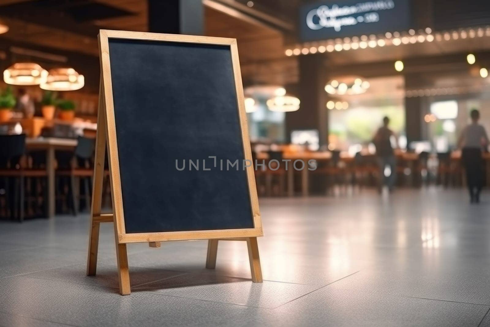 Advertising blank Blackboard, Blank restaurant shop sign or menu boards in shopping mall center, Blackboard sign mockup in front of a restaurant Signboard, Generative AI by nijieimu