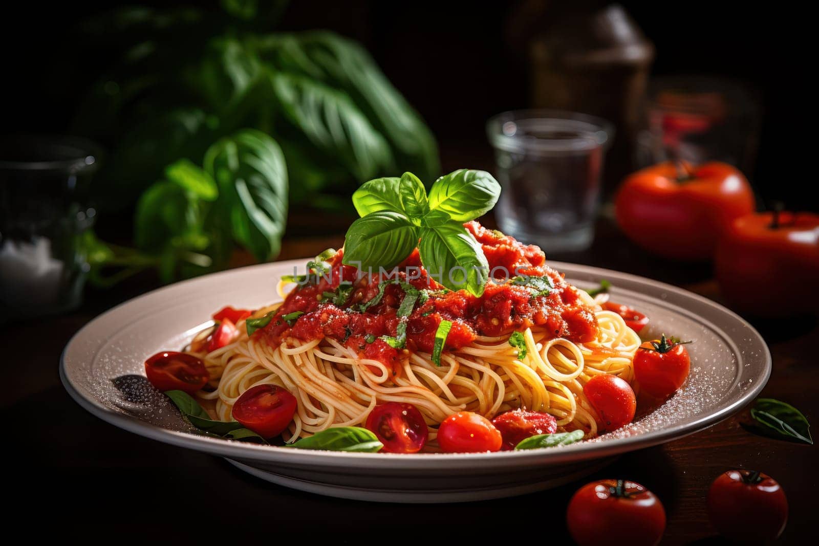 Delicious spaghetti served on a black plat.