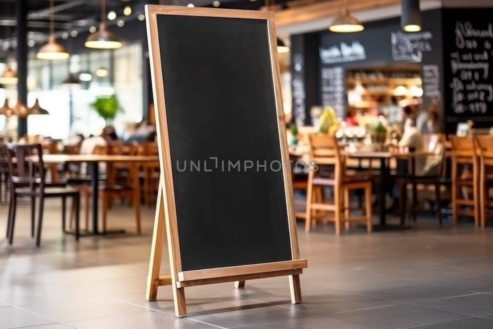 Advertising blank Blackboard, Blank restaurant shop sign or menu boards in shopping mall center, Blackboard sign mockup in front of a restaurant Signboard, Generative AI by nijieimu