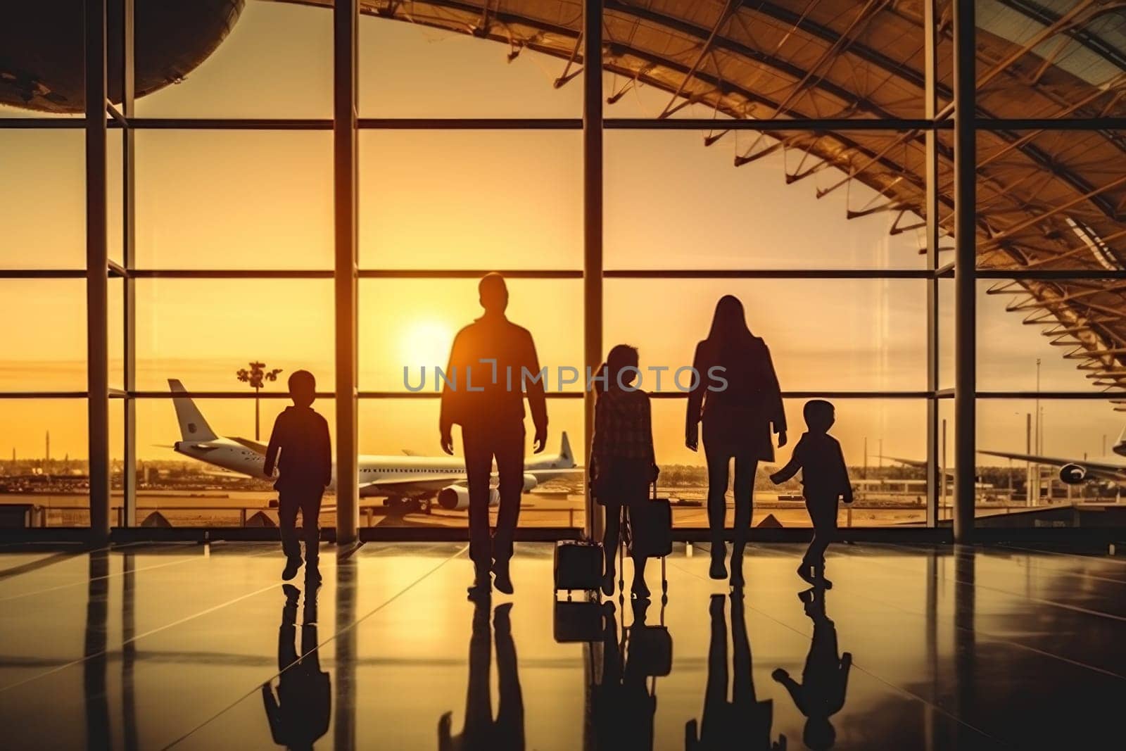 Family Trip Concept, family travel at airport,Time for family vacation, Generative AI by nijieimu