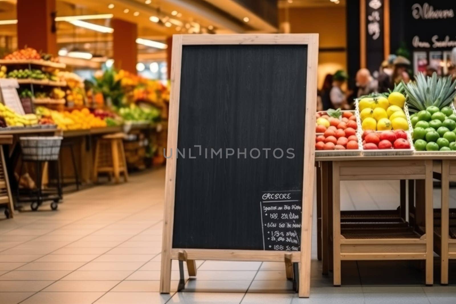 Advertising blank Blackboard, Blank restaurant shop sign or menu boards in shopping mall center, Blackboard sign mockup in front of a restaurant Signboard, Generative AI by nijieimu