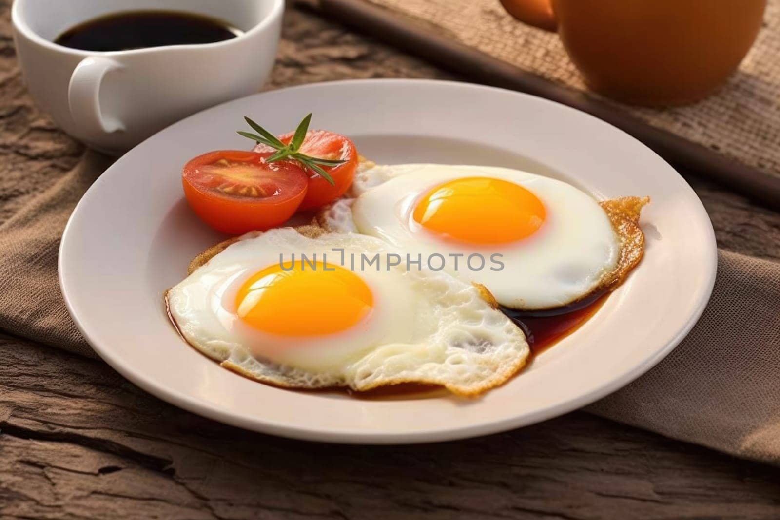 Breakfast with delicious fried eggs garnished with sliced tomato Generative AI.