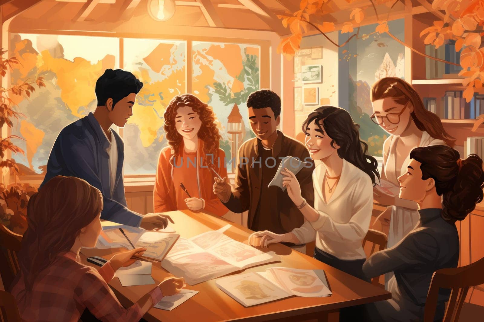 group student in class room, students in a library, Round table discussion, illustrator, Generative AI.