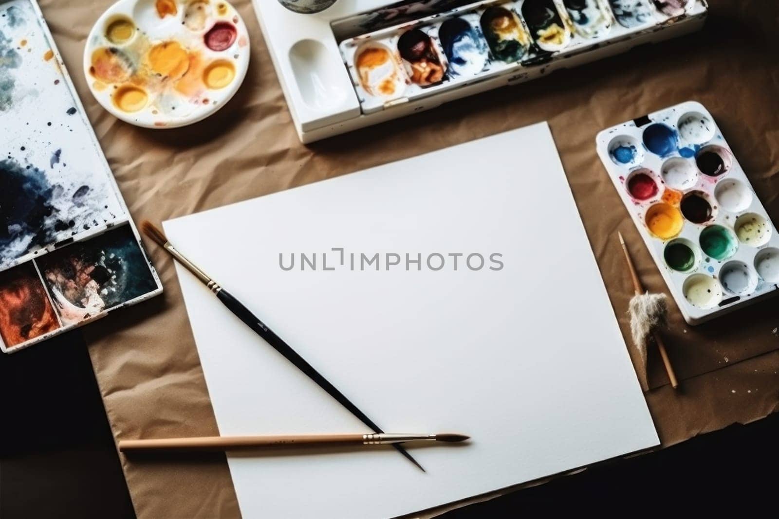 A white sheet of paper on a table with art supplies, top view, Generative AI.