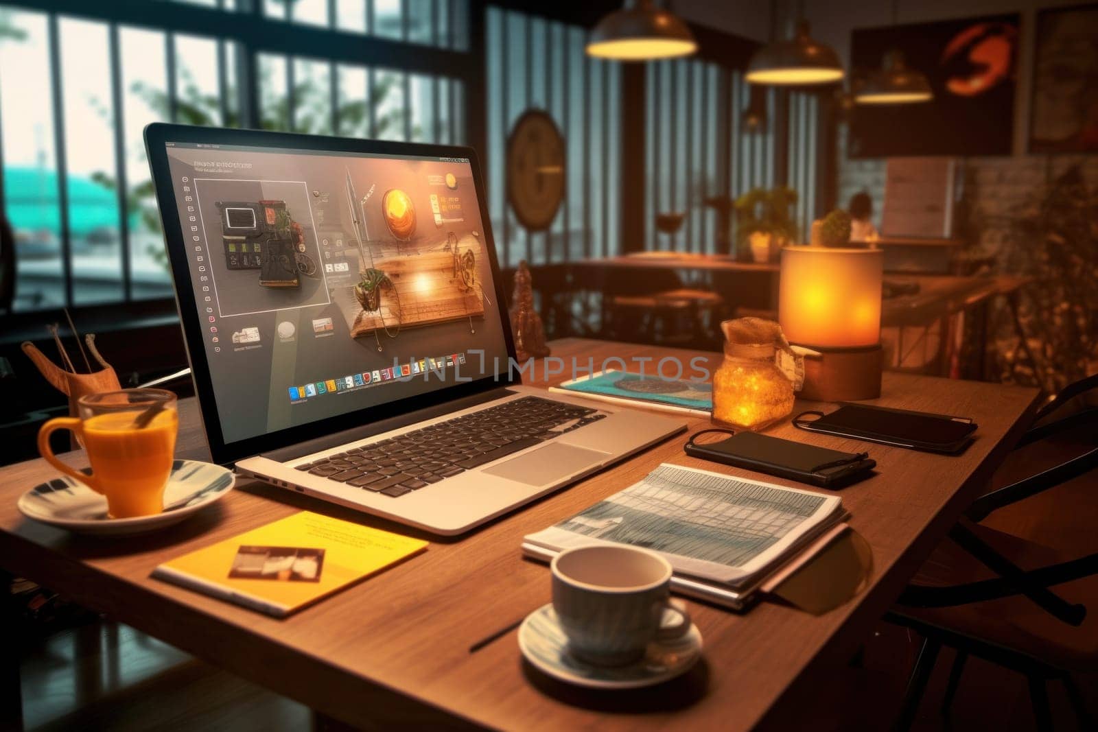 A designer's desk with a laptop, designer's working table.