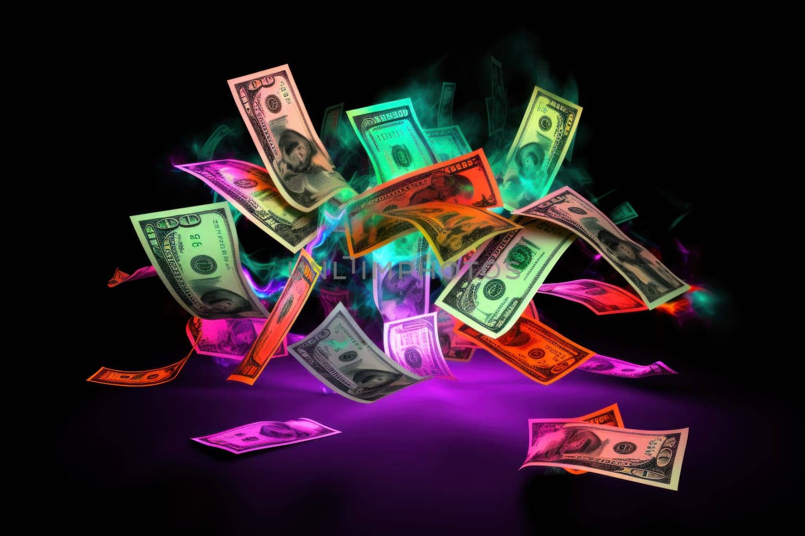 dollar bills falling with Neon colorful background.