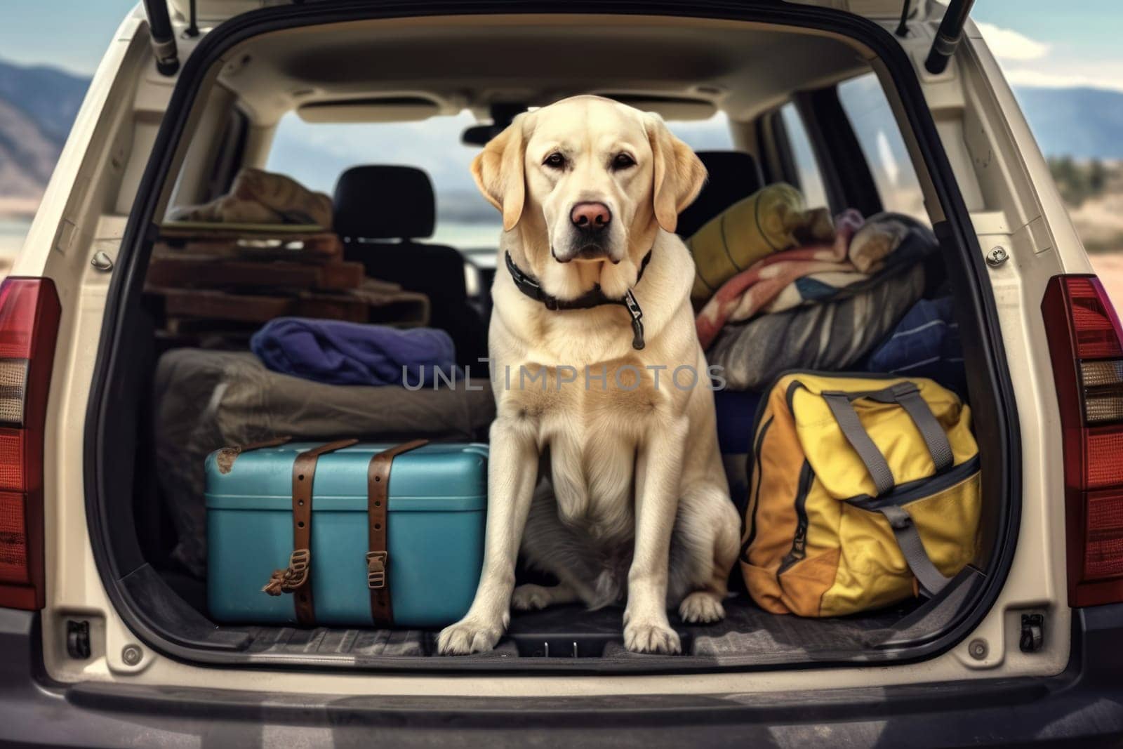 Car trunk with cute Dog and luggage Dog Travel concept Generative AI.