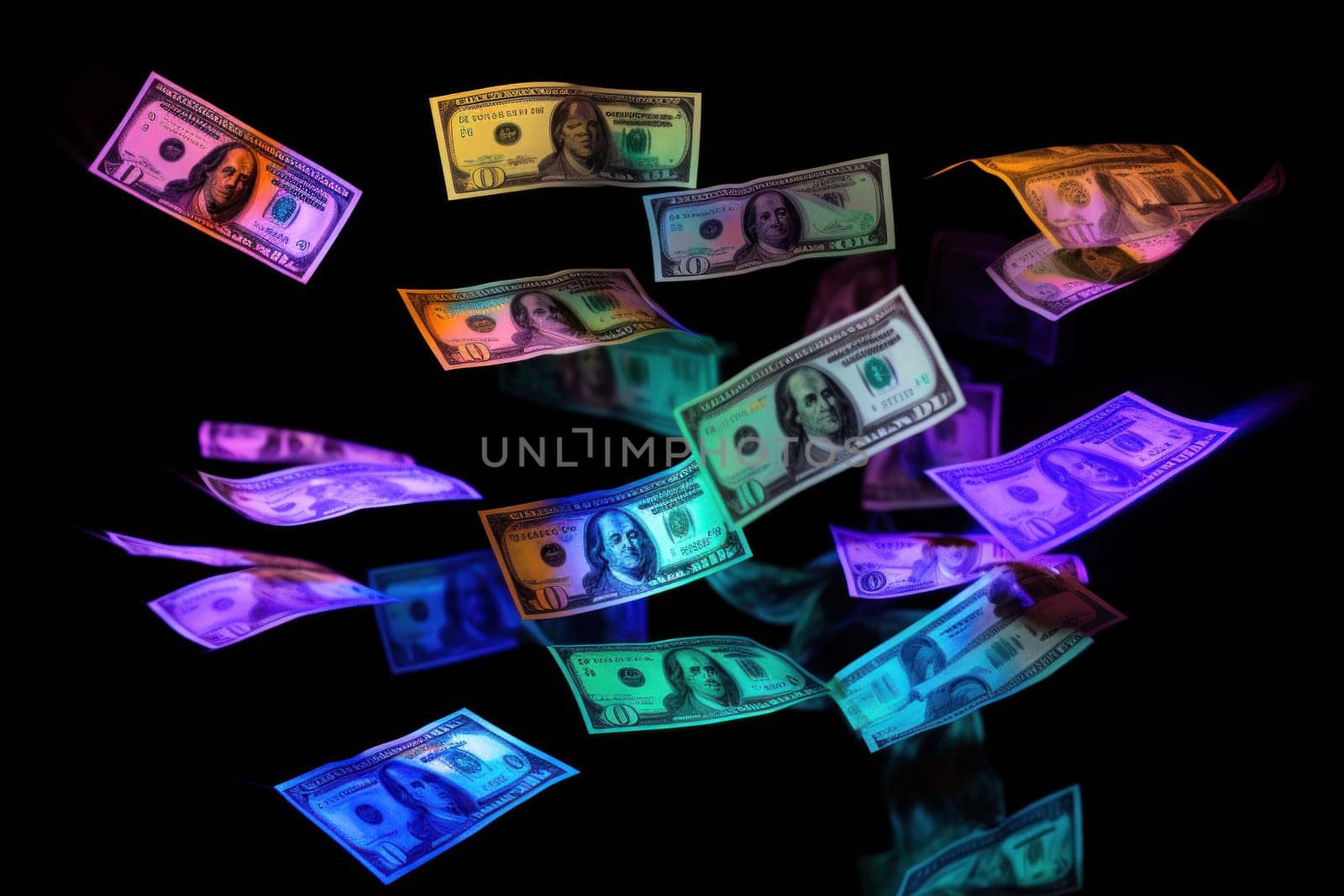 dollar bills falling with Neon colorful background.