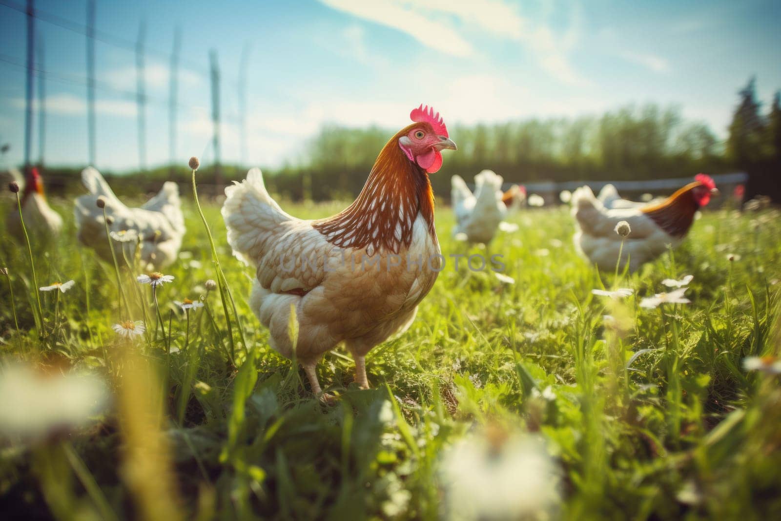 Enjoyable photo of free range chickens in the pasture.