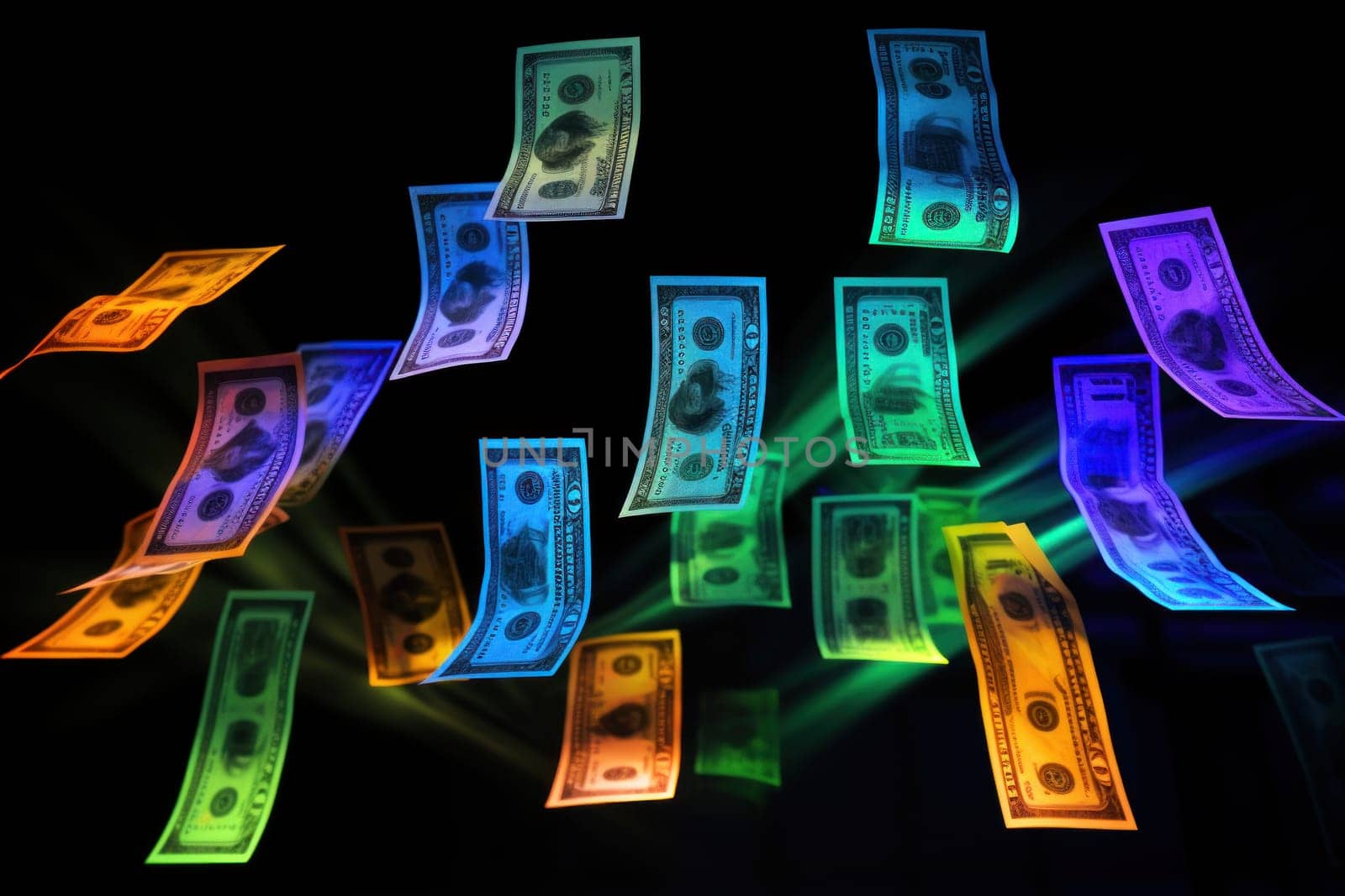 dollar bills falling with Neon colorful background.