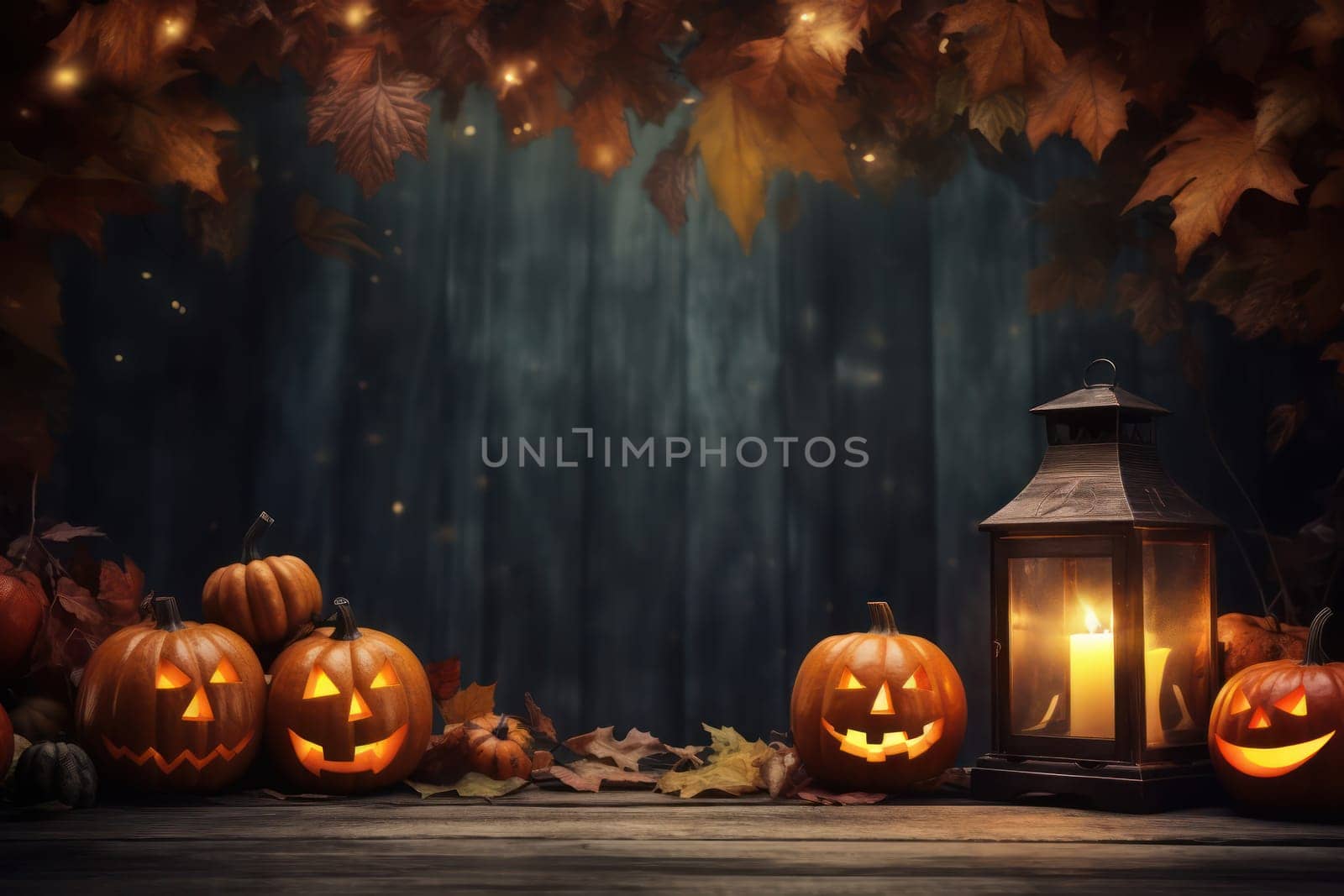halloween background with Jack O'Lantern and pumpkins.