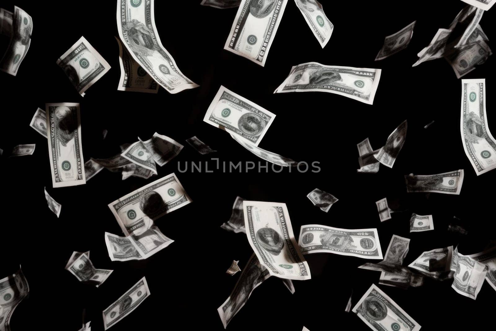 dollar bills falling with darkness background, money rain concept.