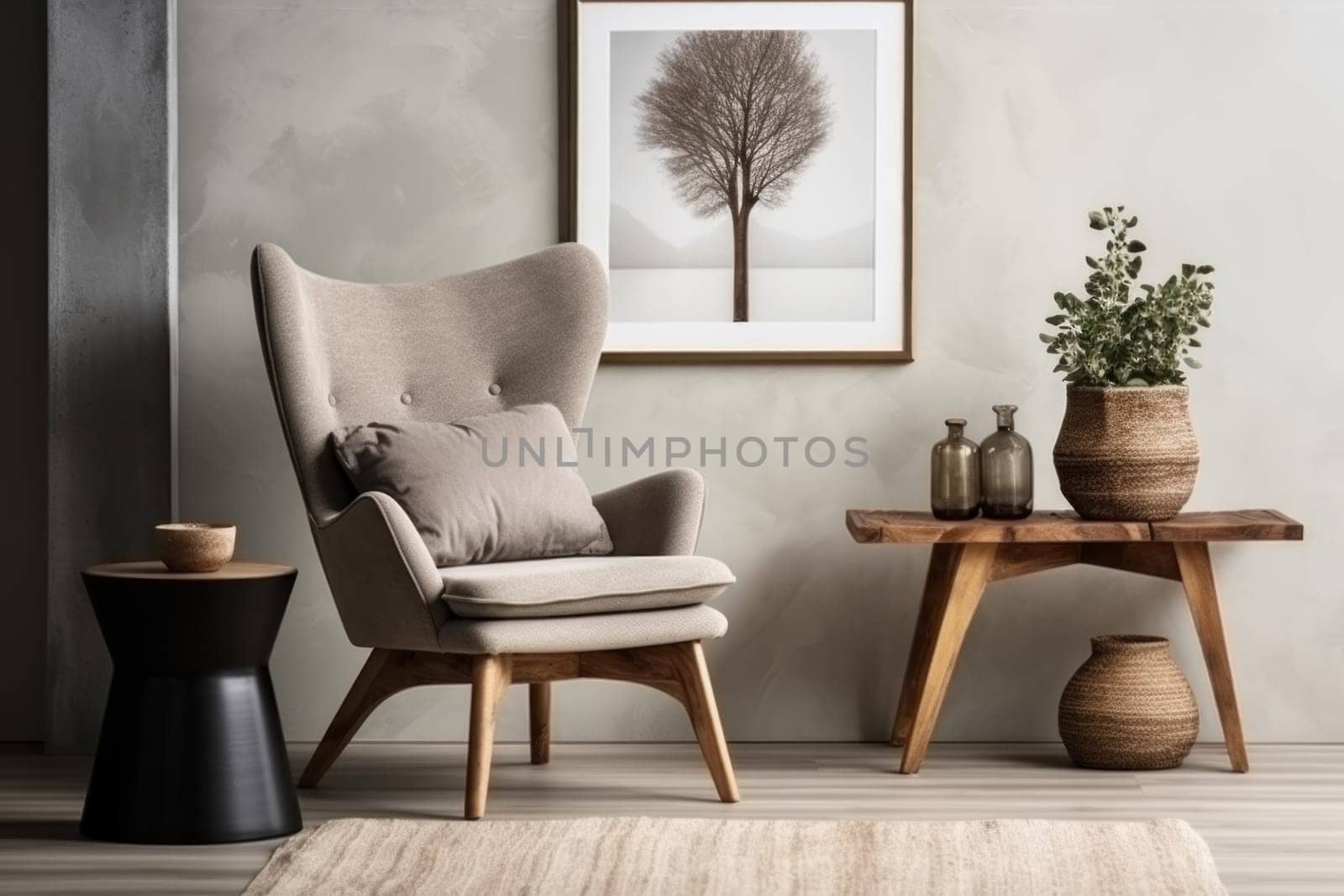 Wing chair near rustic wooden coffee table. Interior design of scandinavian living room with frames.