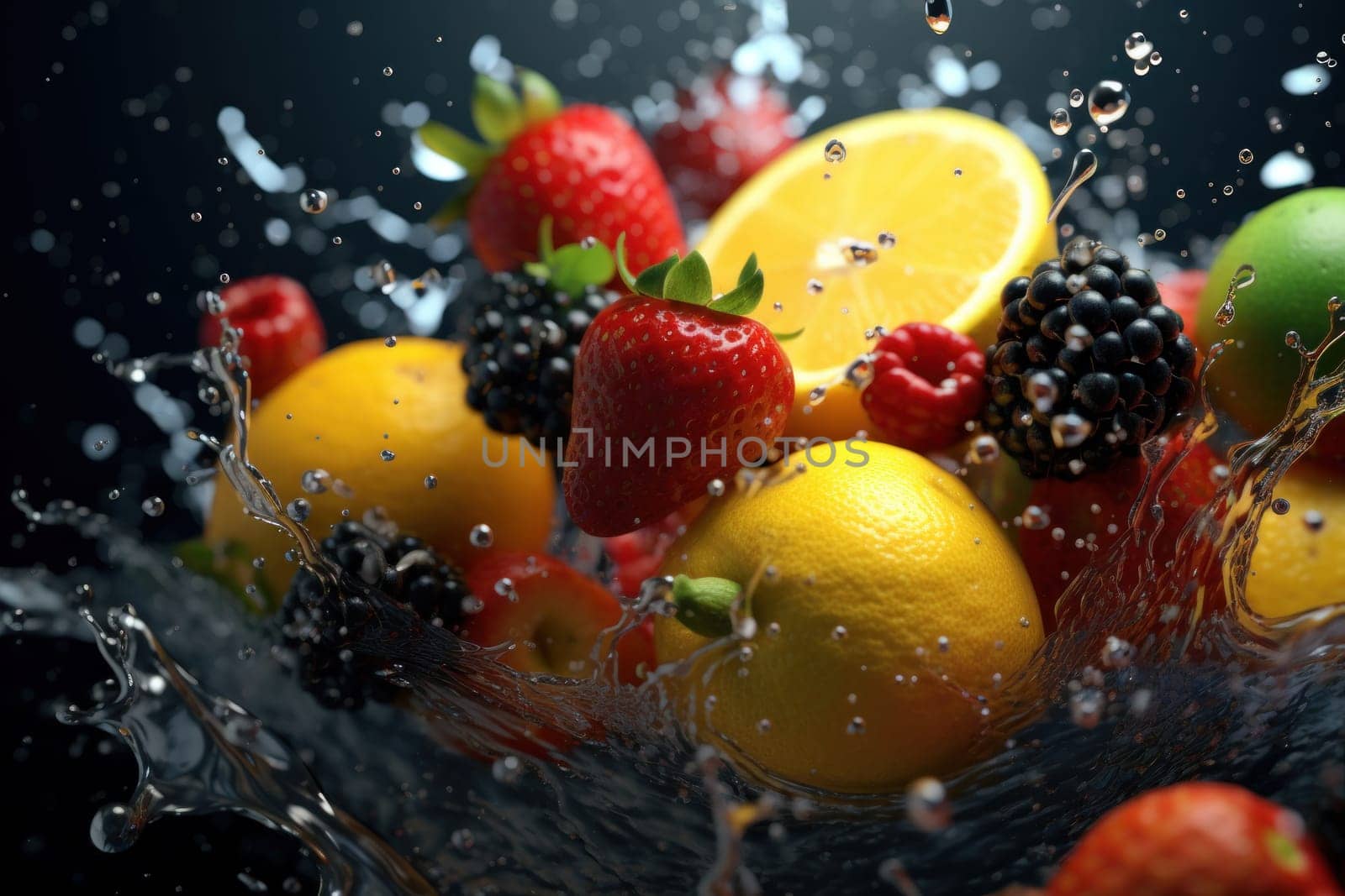 Photo of various fruites with water splashes.