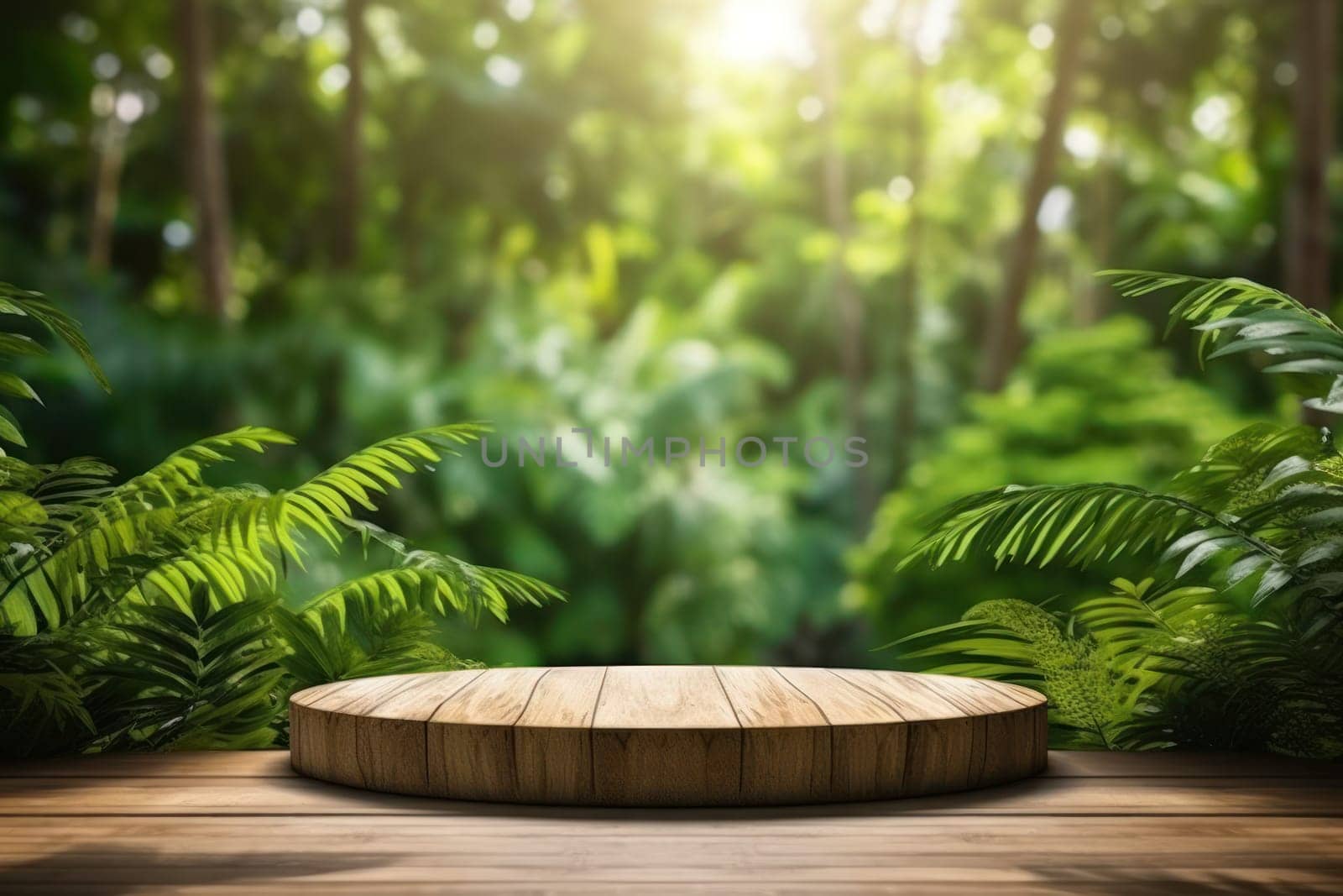 Empty minimal natural wooden podium background for product.