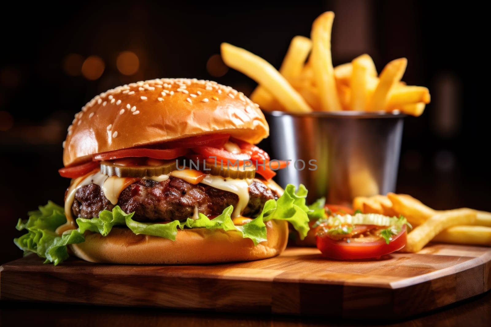 Delicious burger with fries combo.