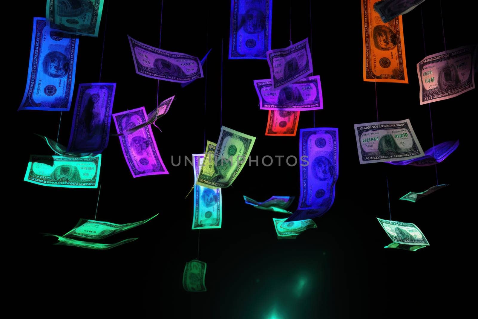 dollar bills falling with Neon colorful background.