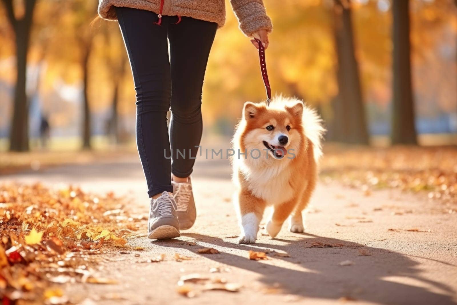 image of a person walking a pet dog in a city park on a sunny autumn day.