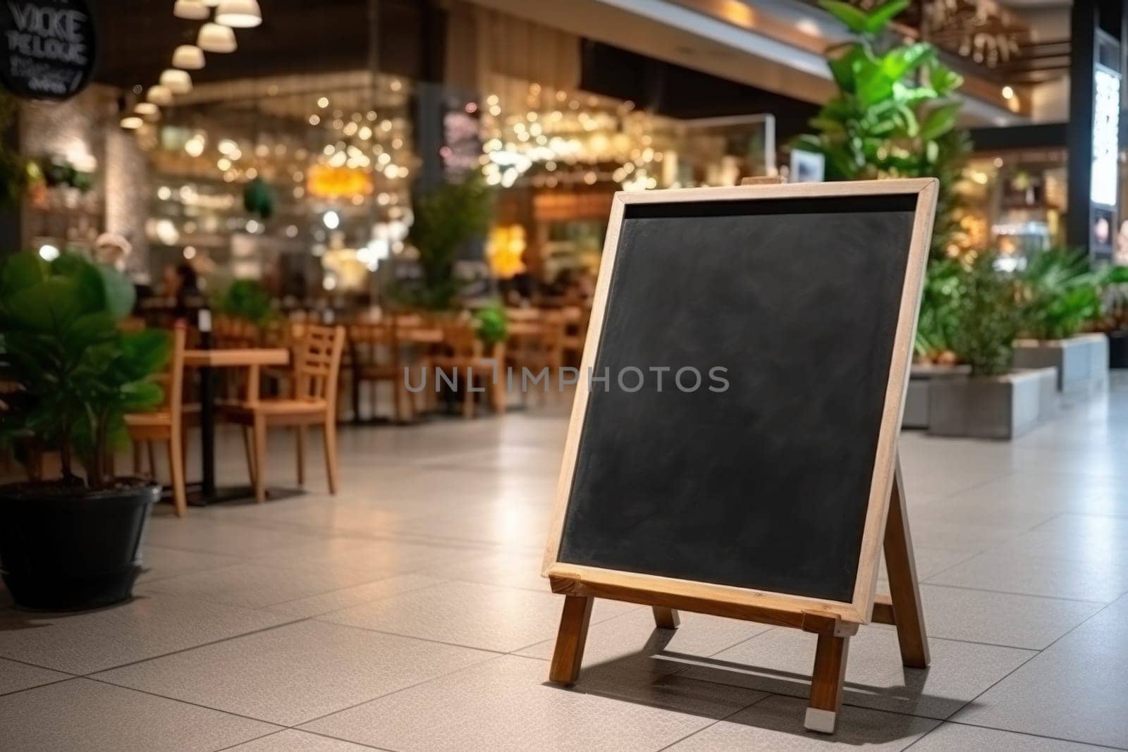 Advertising blank Blackboard, Blank restaurant shop sign or menu boards in shopping mall center, Blackboard sign mockup in front of a restaurant Signboard, Generative AI.