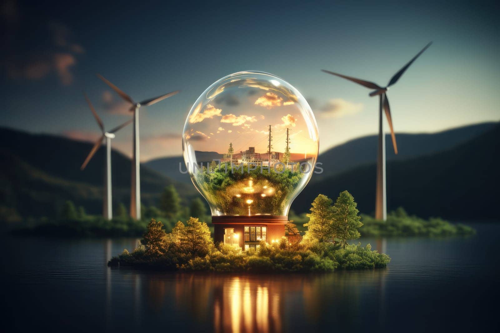 Green eco friendly lightbulb, green energy innovation concept, Generative AI.