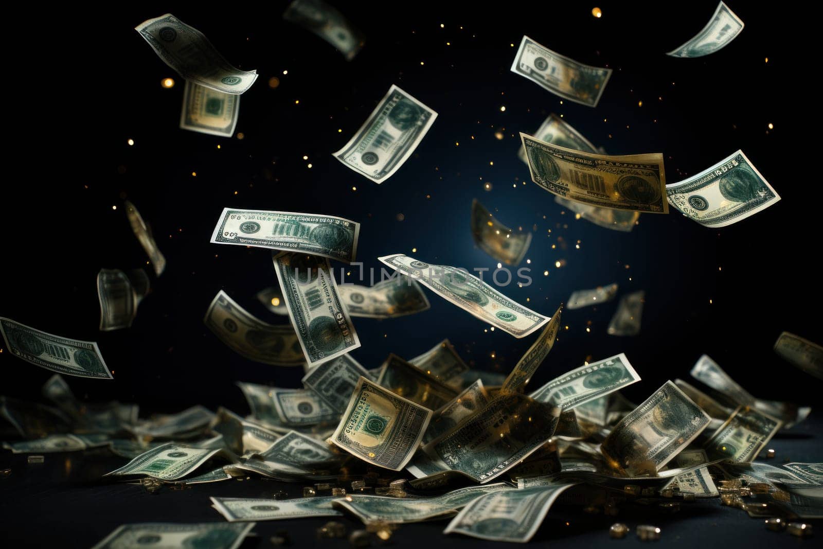 dollar bills falling with darkness background, money rain concept.