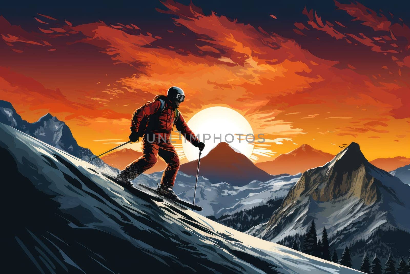 Skiing illustration poster background for advertising, Travel Poster by nijieimu