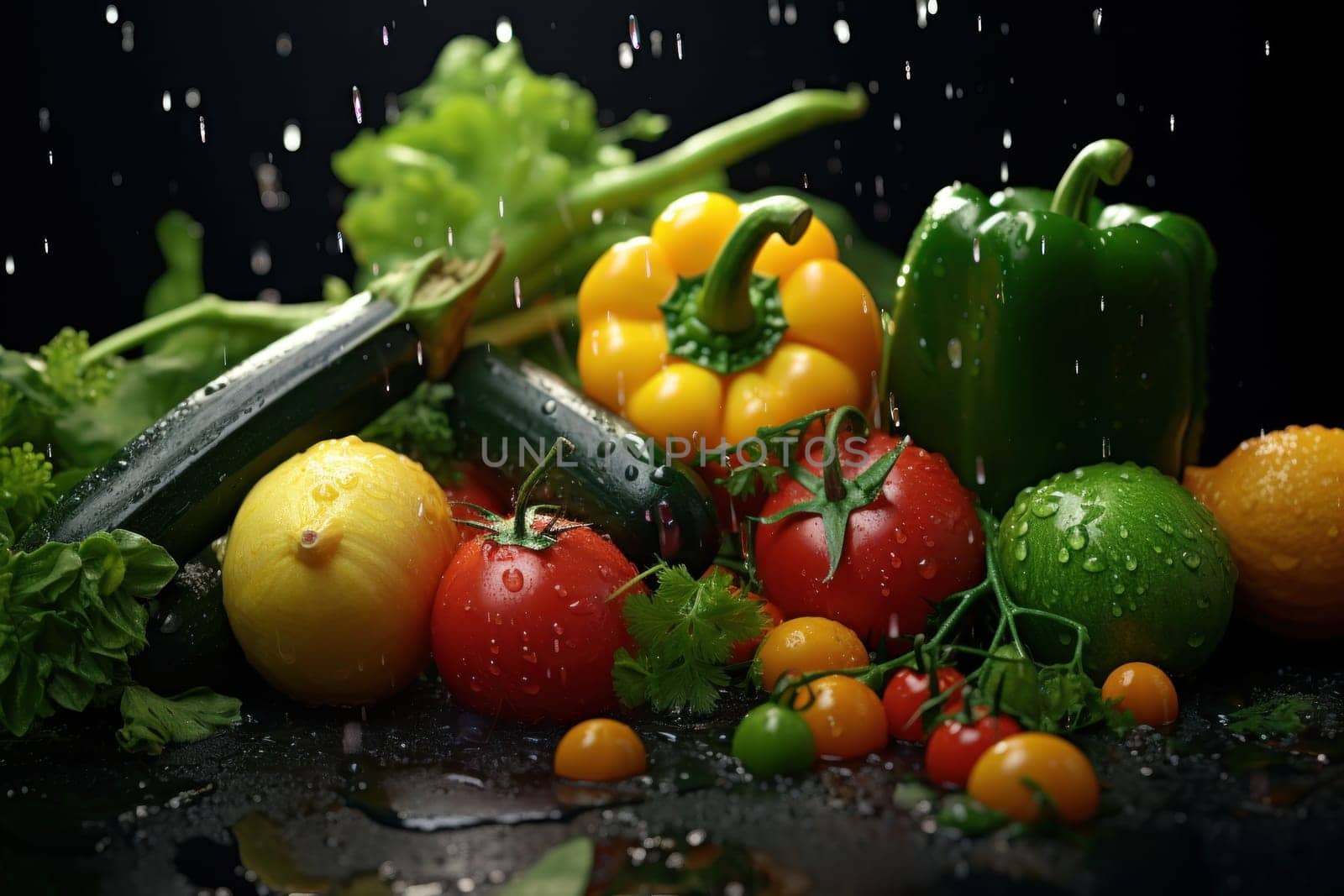 Photo of various vegetables with water splashes.