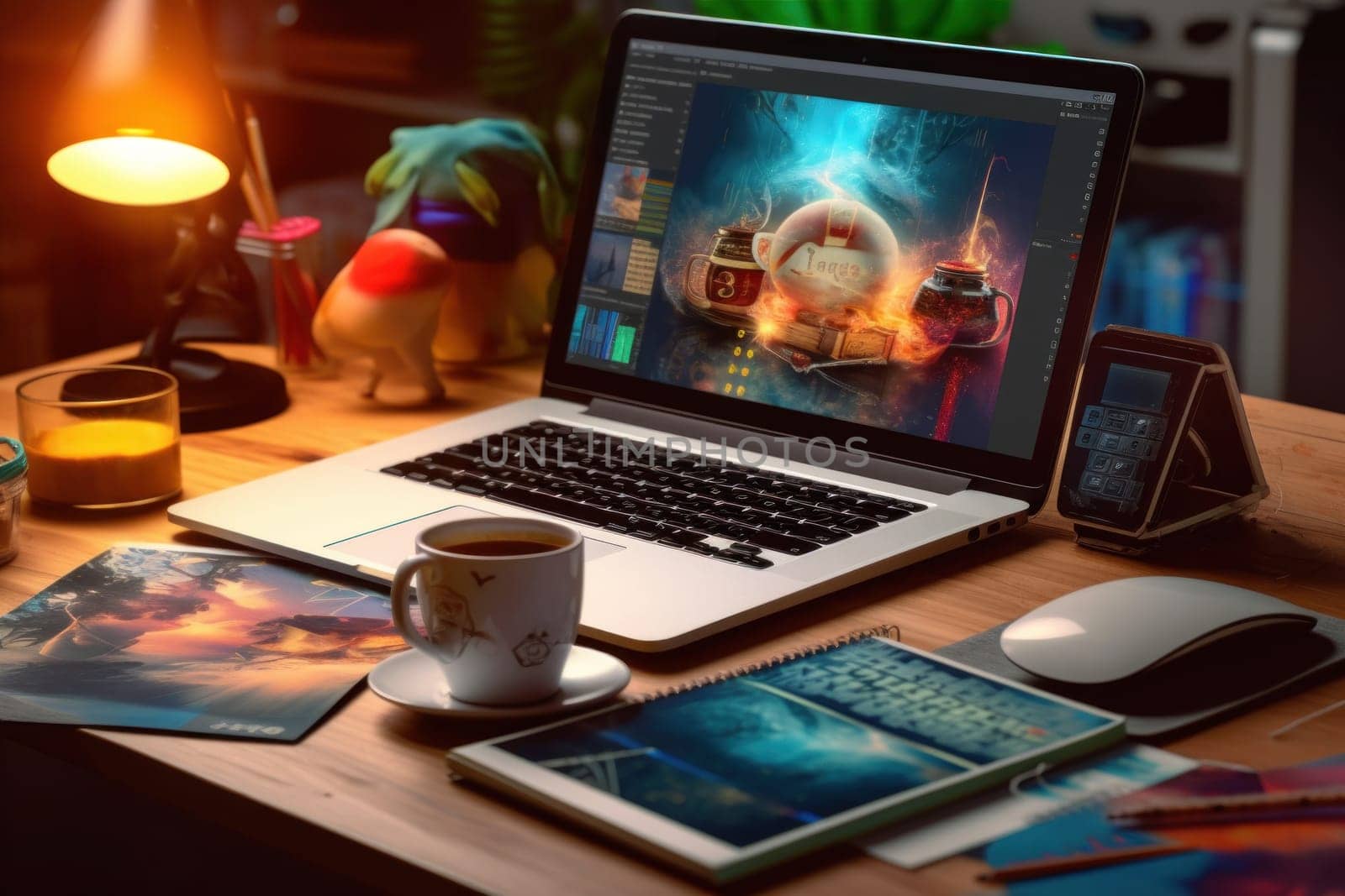 A designer's desk with a laptop, designer's working table.