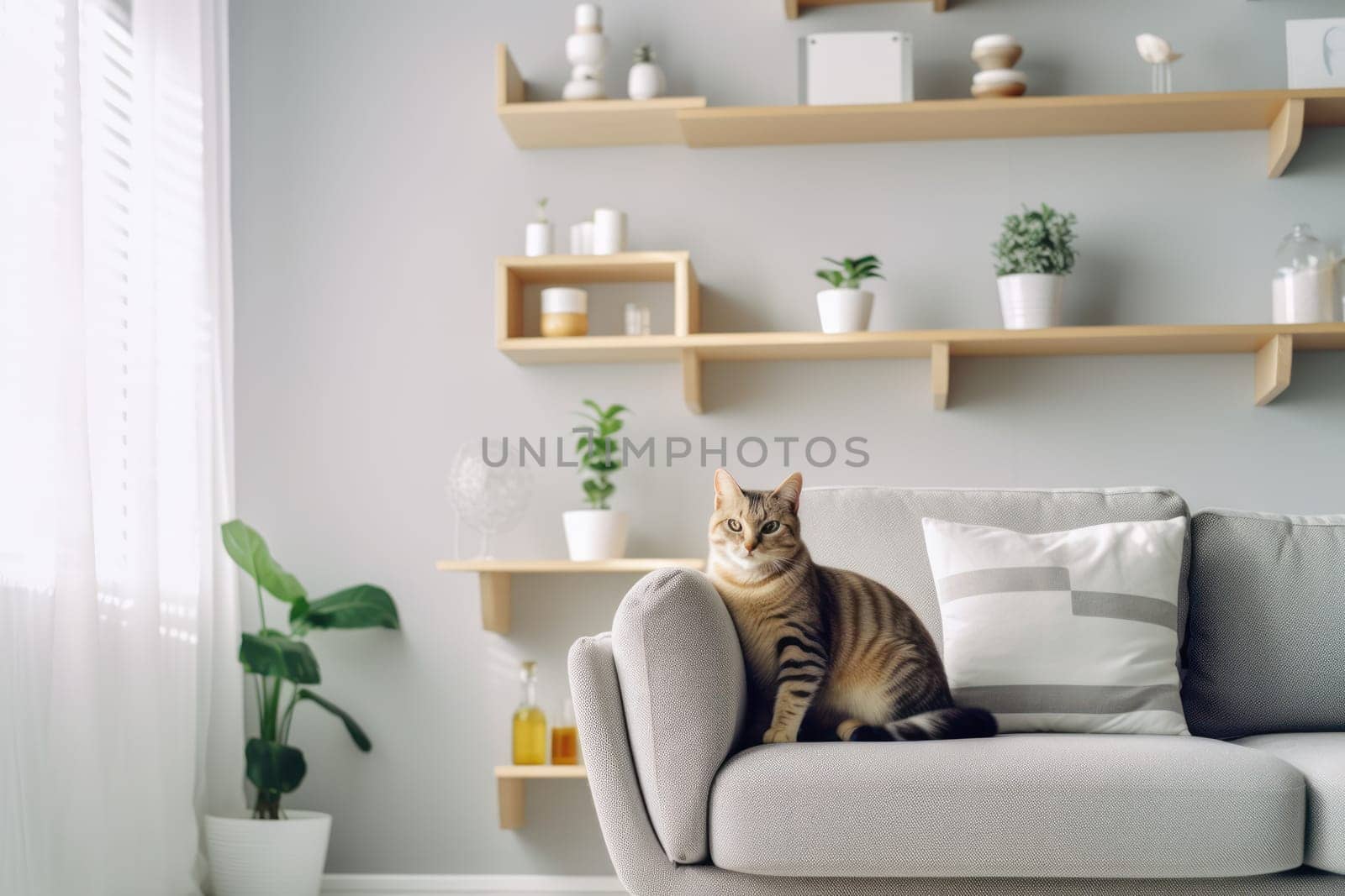 Modern living room interior Cute cat near couch Generative AI.