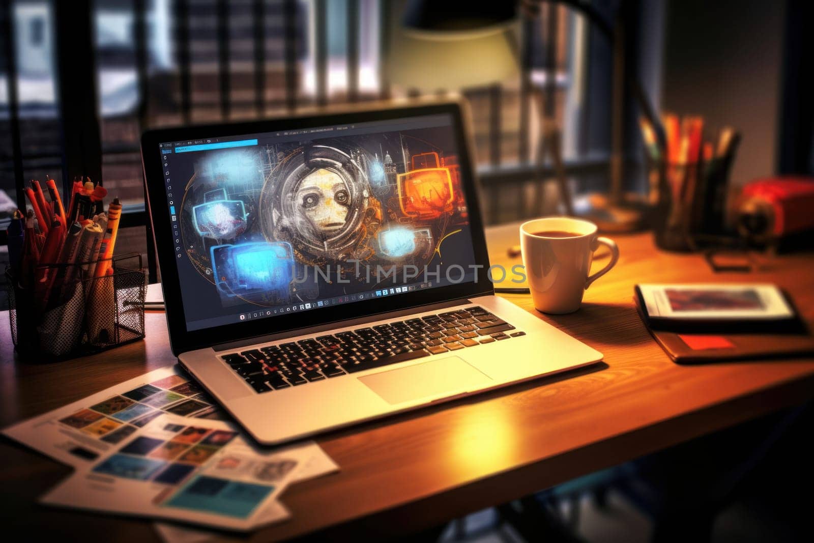 A designer's desk with a laptop designer's working table Generative AI.