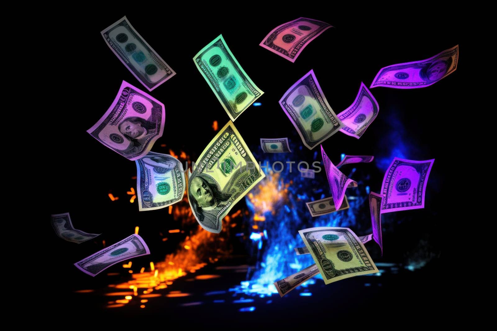dollar bills falling with Neon colorful background.