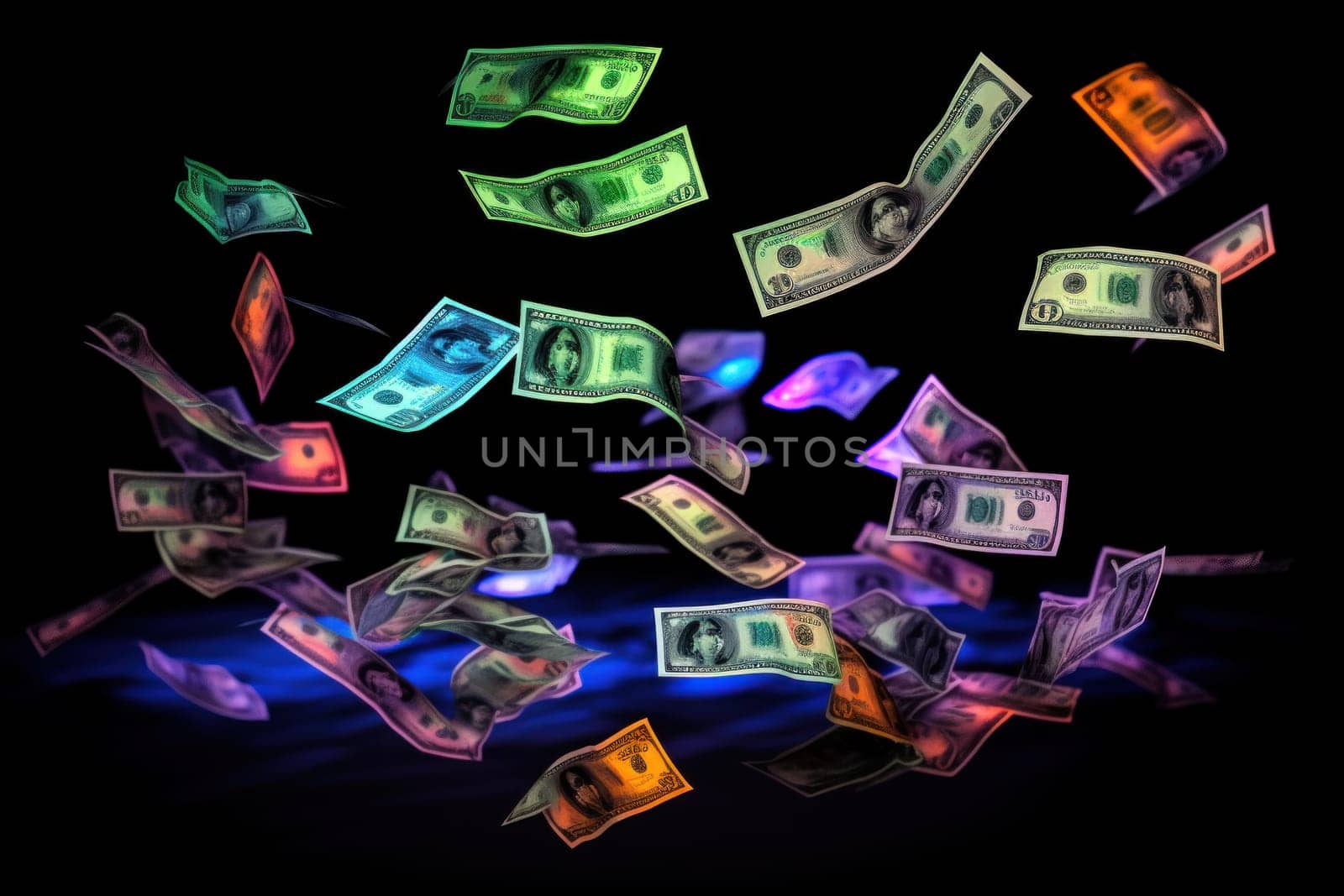 dollar bills falling with Neon colorful background.