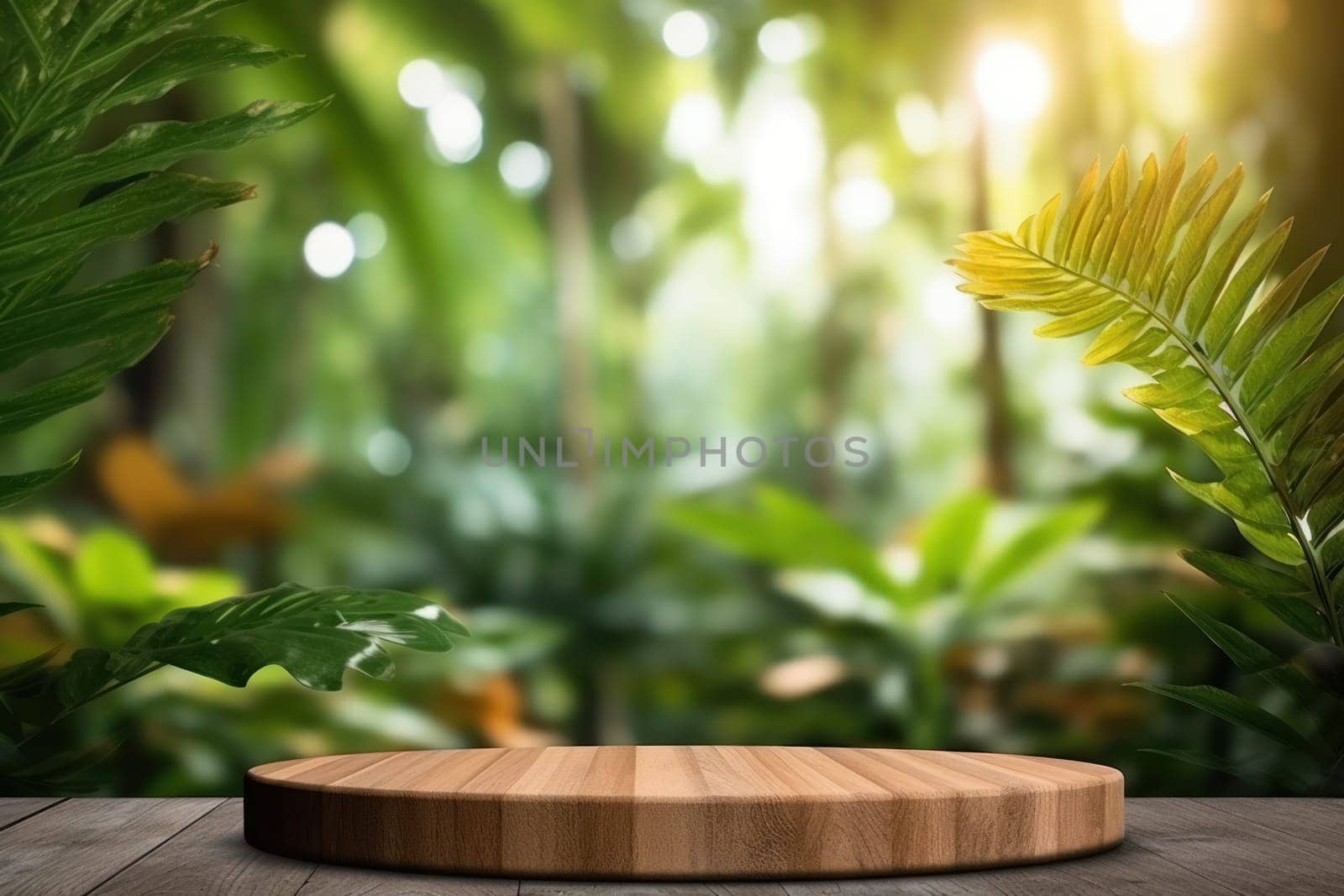 Empty minimal natural wooden podium background for product.