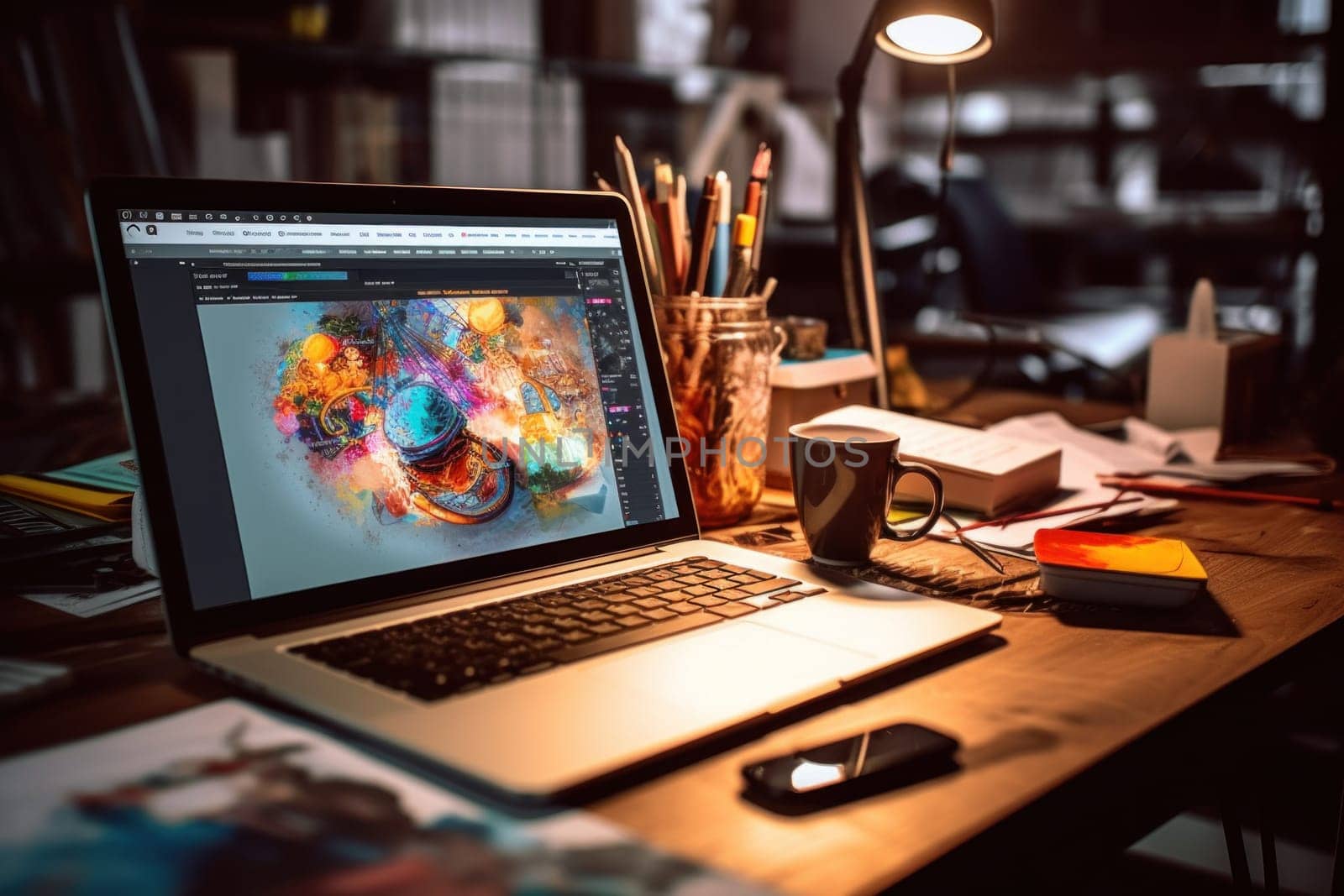 A designer's desk with a laptop, designer's working table.