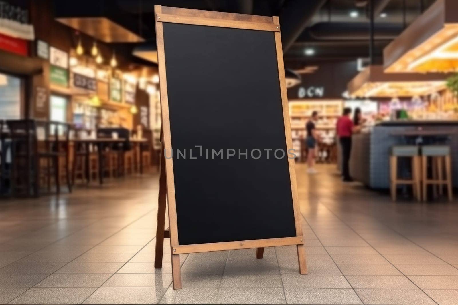 Advertising blank Blackboard, Blank restaurant shop sign or menu boards in shopping mall center, Blackboard sign mockup in front of a restaurant Signboard, Generative AI.