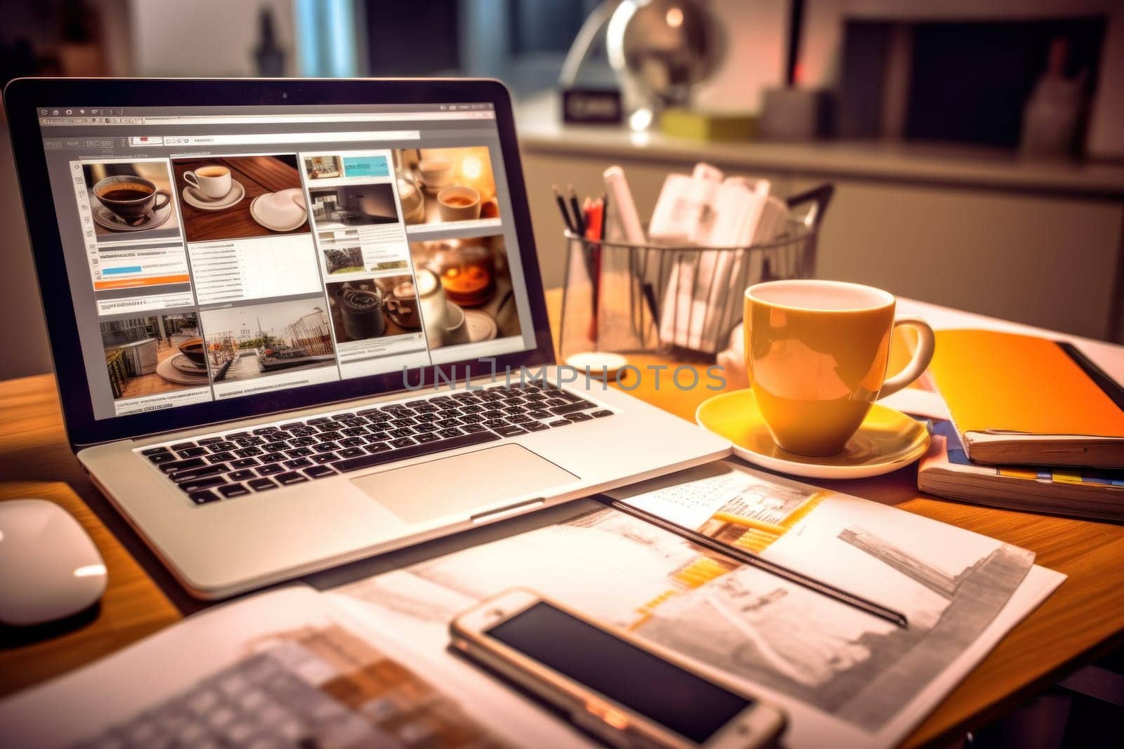 A designer's desk with a laptop, designer's working table.