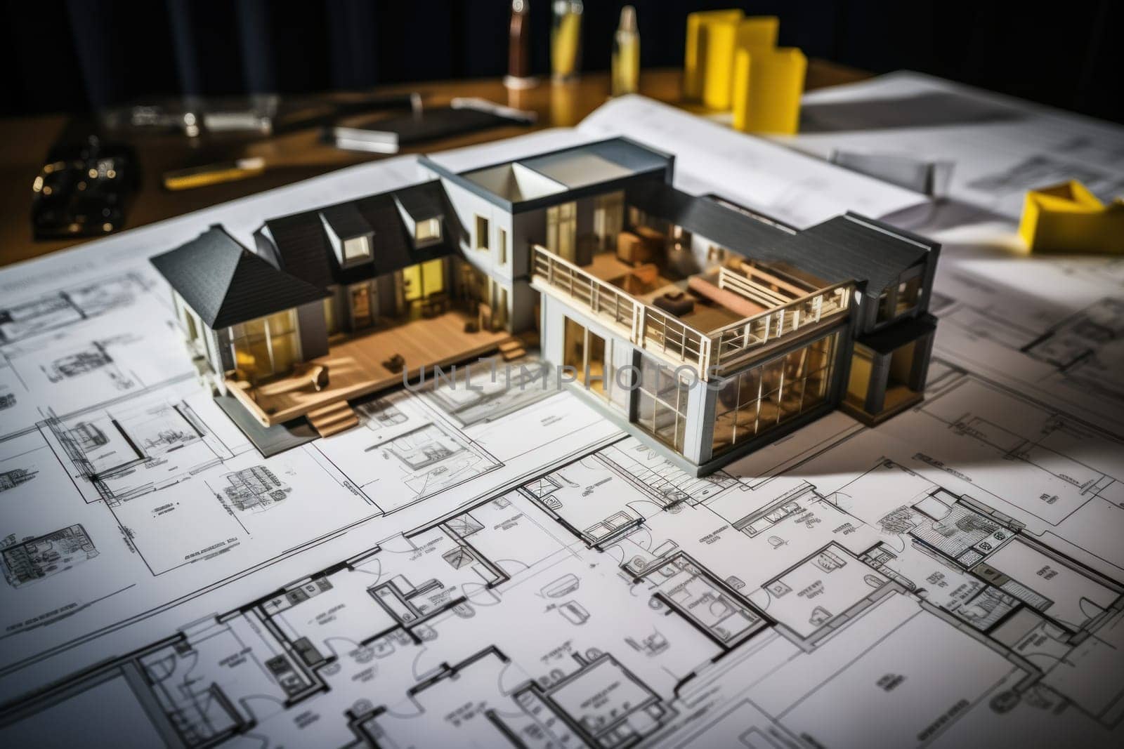 House models sit on top of several different architects drawings and floor plan.