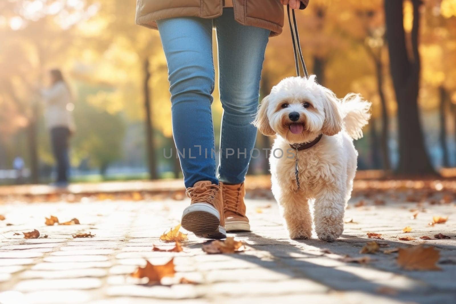 image of a person walking a pet dog in a city park on a sunny autumn day by nijieimu