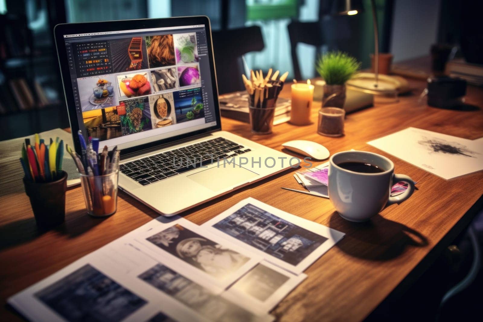 A designer's desk with a laptop, designer's working table.