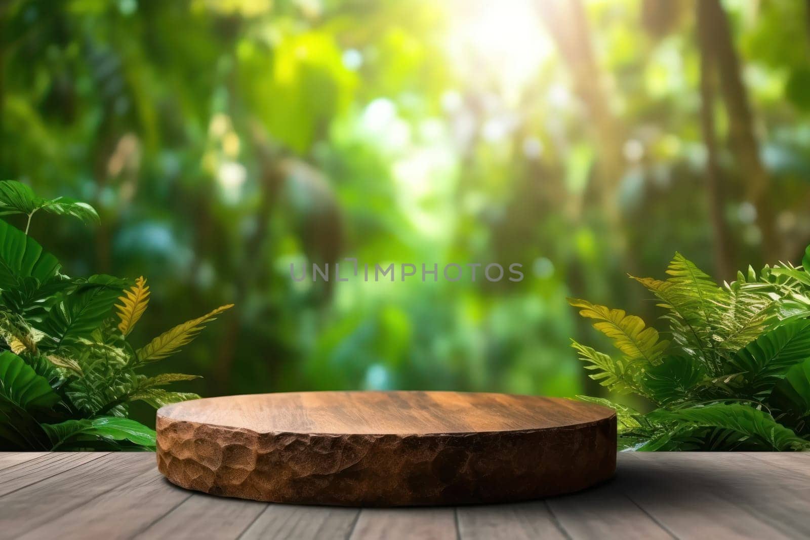 Empty minimal natural wooden podium background for product.