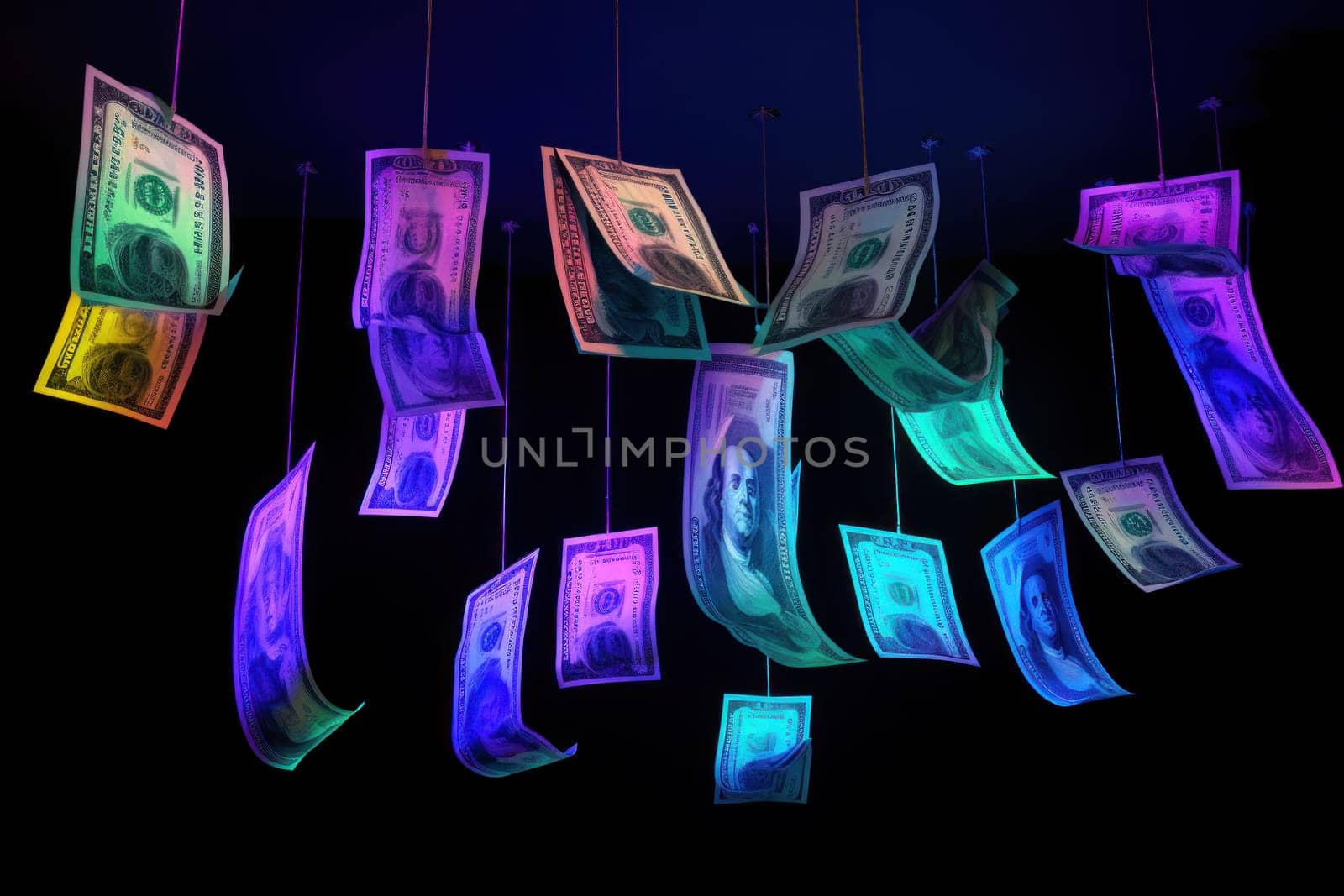dollar bills falling with Neon colorful background.