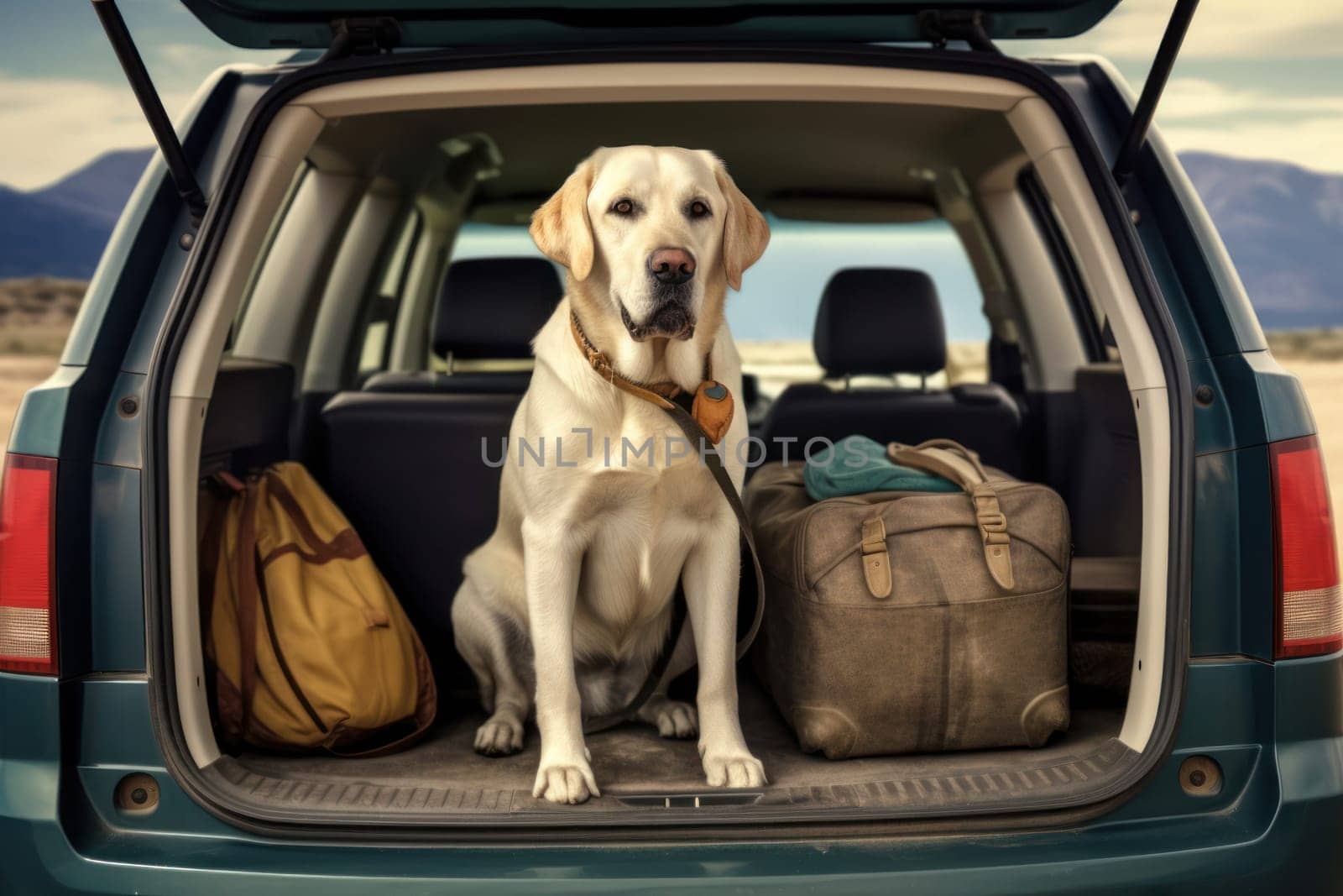 Car trunk with cute Dog and luggage Dog Travel concept Generative AI.