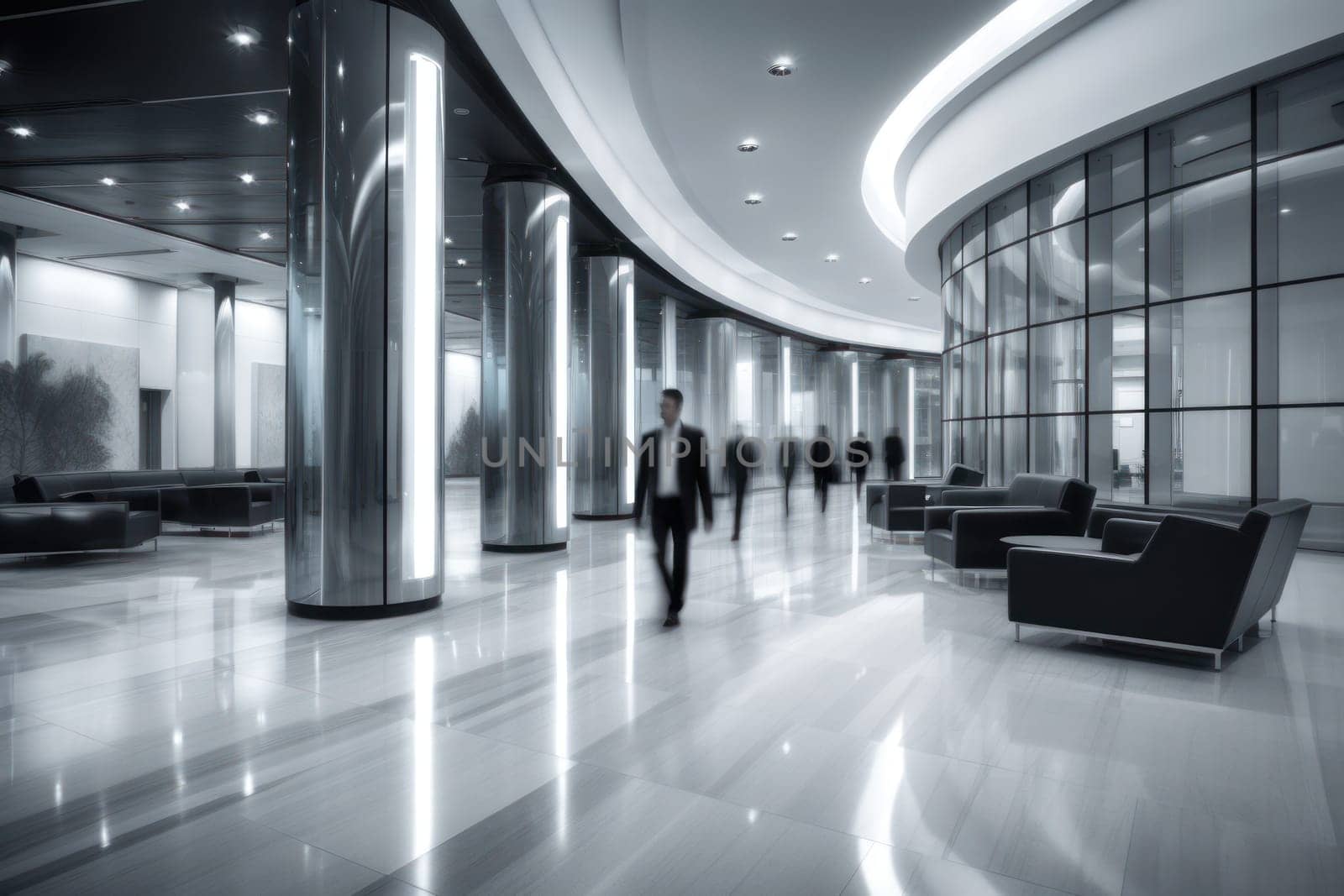 An office building with a huge people flow, fast shutter, Business people walking, Generative AI.