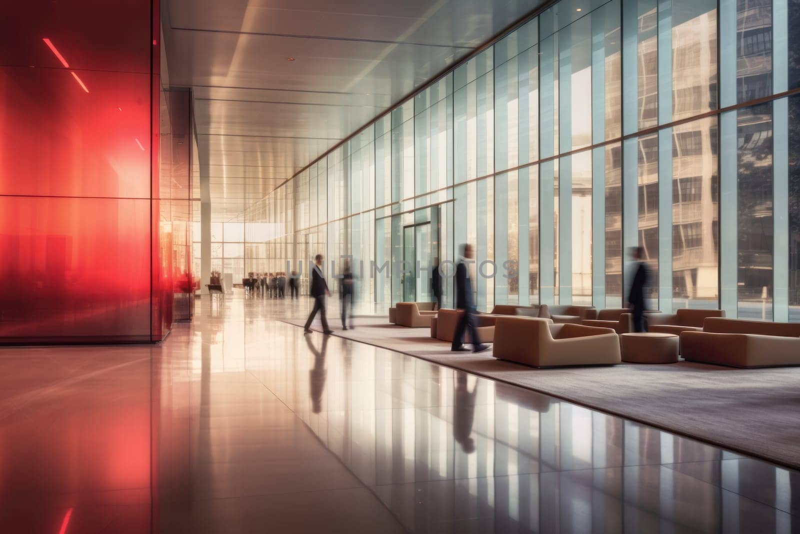 An office building with a huge people flow, fast shutter, Business people walking, Generative AI.