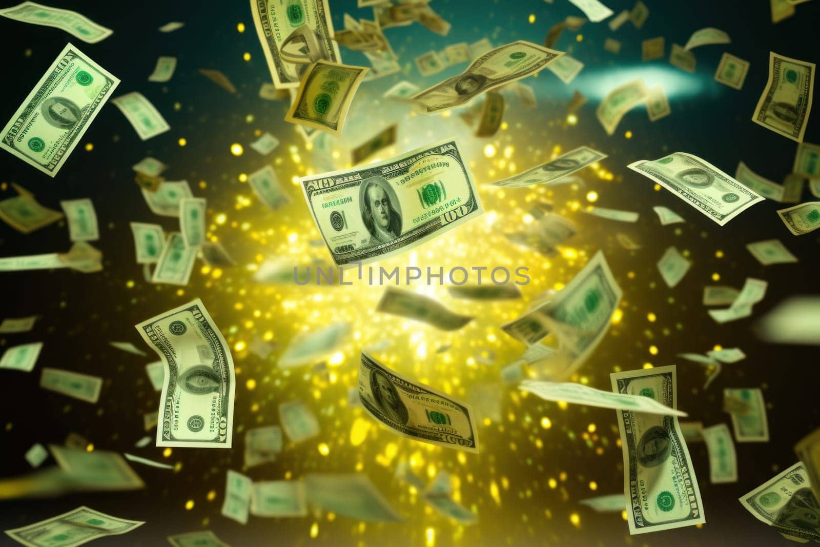dollar bills falling with colorful abstract background.