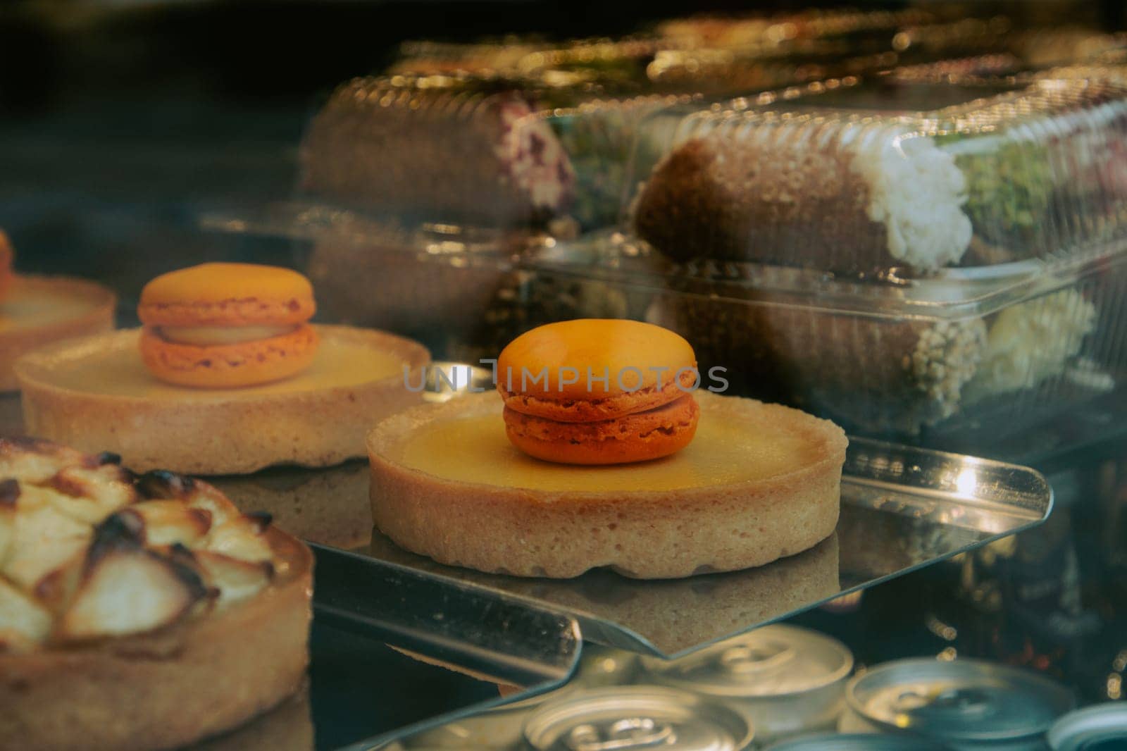 Close-up of desserts through a window