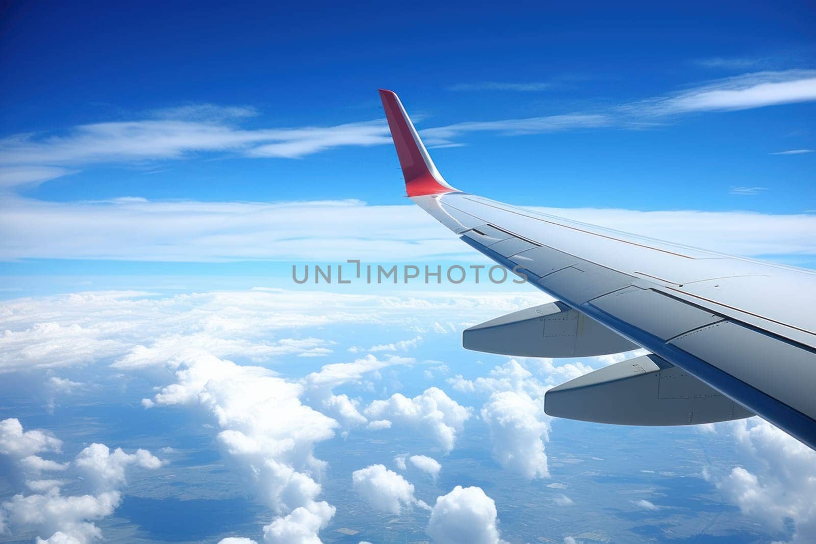 Photo View from the window of an airplane wing while flying over a blue sky.